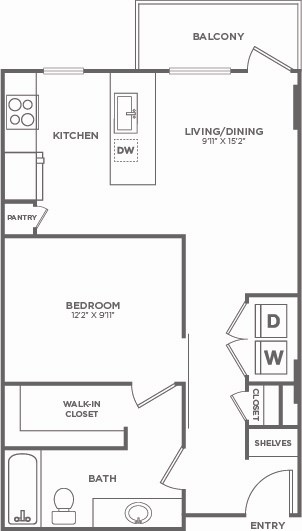 A floor plan of a small apartment with a kitchen, living room, bedroom, and bathroom.
